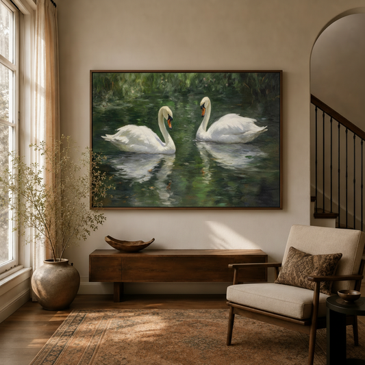 Elegant swan canvas art displayed in entryway with dried botanicals, walnut console and armchair