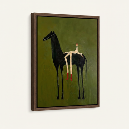 Black horse rider naive folk art canvas print in dark walnut floating frame on white background front view