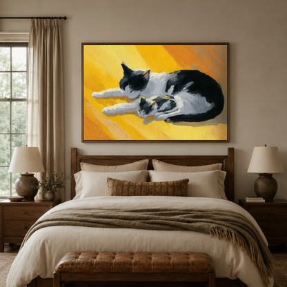 Sleeping cats impressionist canvas wall art in dark walnut float frame above cozy bedroom bed