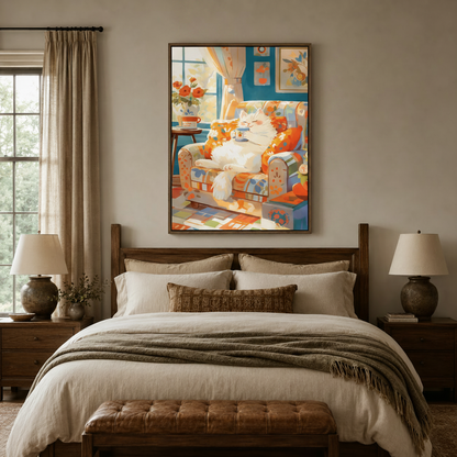 Cozy cat coffee illustration canvas wall art framed above bed in warm neutral bedroom