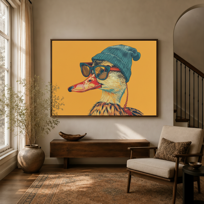 Cool duck pop art canvas in dark float frame above entryway console table with dried branches