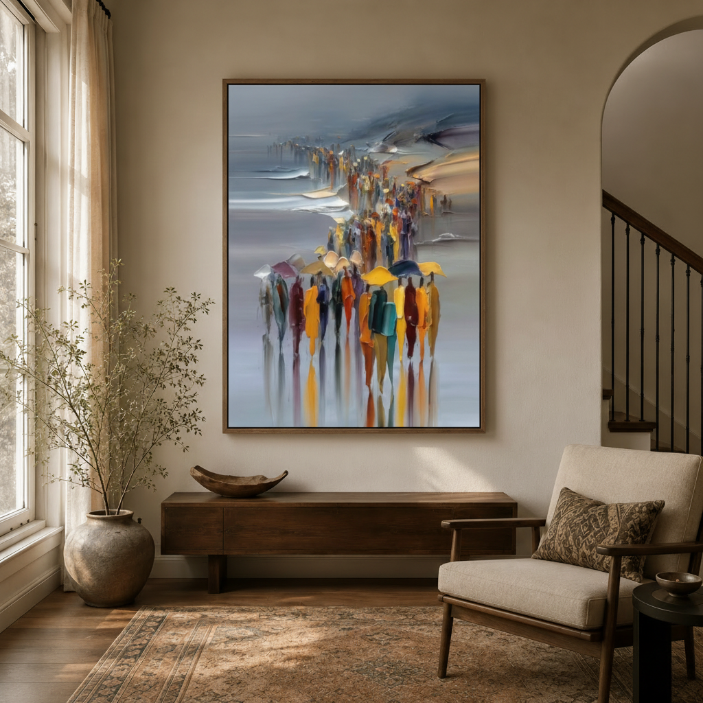 Abstract crowd canvas print displayed in a warm neutral entryway with arched doorway and wood console table