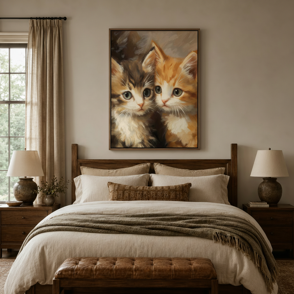 Vintage kitten portrait canvas print hanging above bed in warm farmhouse bedroom