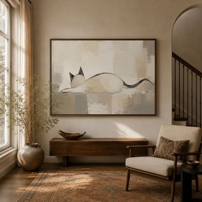 Minimalist cat impasto canvas wall art displayed in a bright entryway above a wooden sideboard
