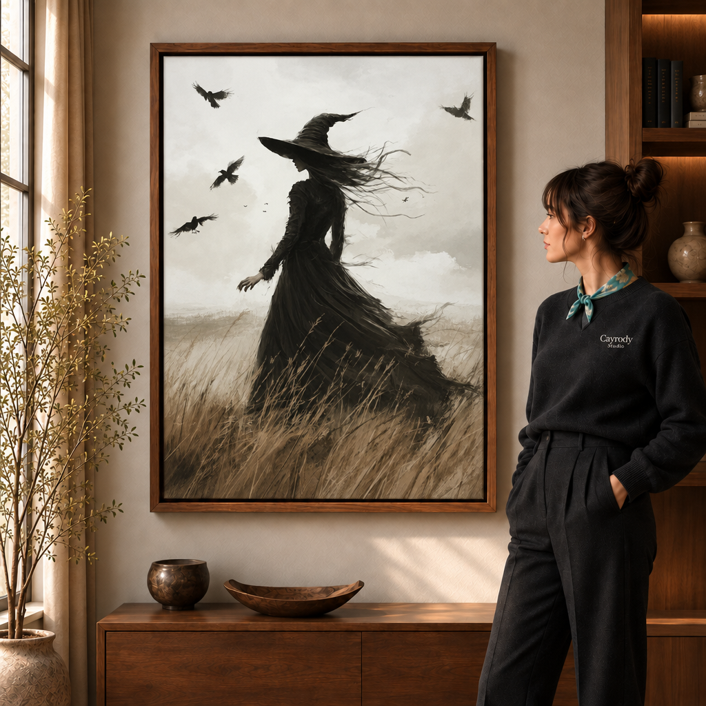 Walnut framed witch and ravens canvas print styled in a sunlit modern interior