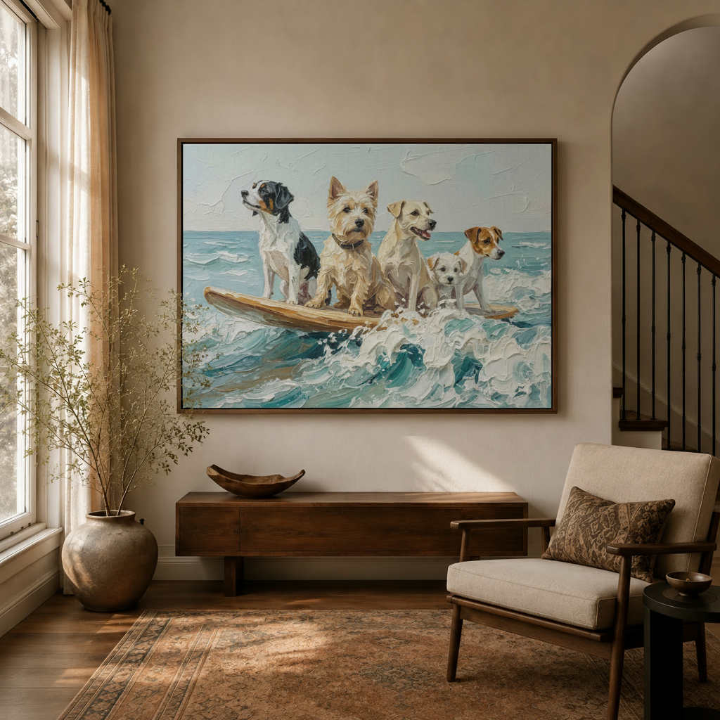 Surfing dogs impasto oil painting in a walnut float frame above a sideboard in a warm neutral living room