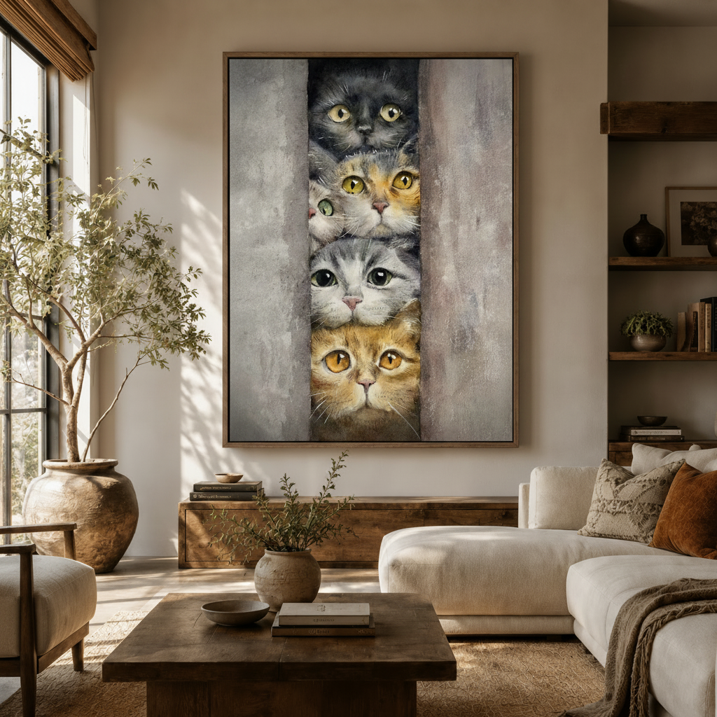 Five cats peeking through gap watercolor canvas art in dark walnut frame above console in warm living room
