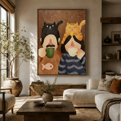 Funny folk art cat couple canvas wall art displayed in cozy living room above wooden console table