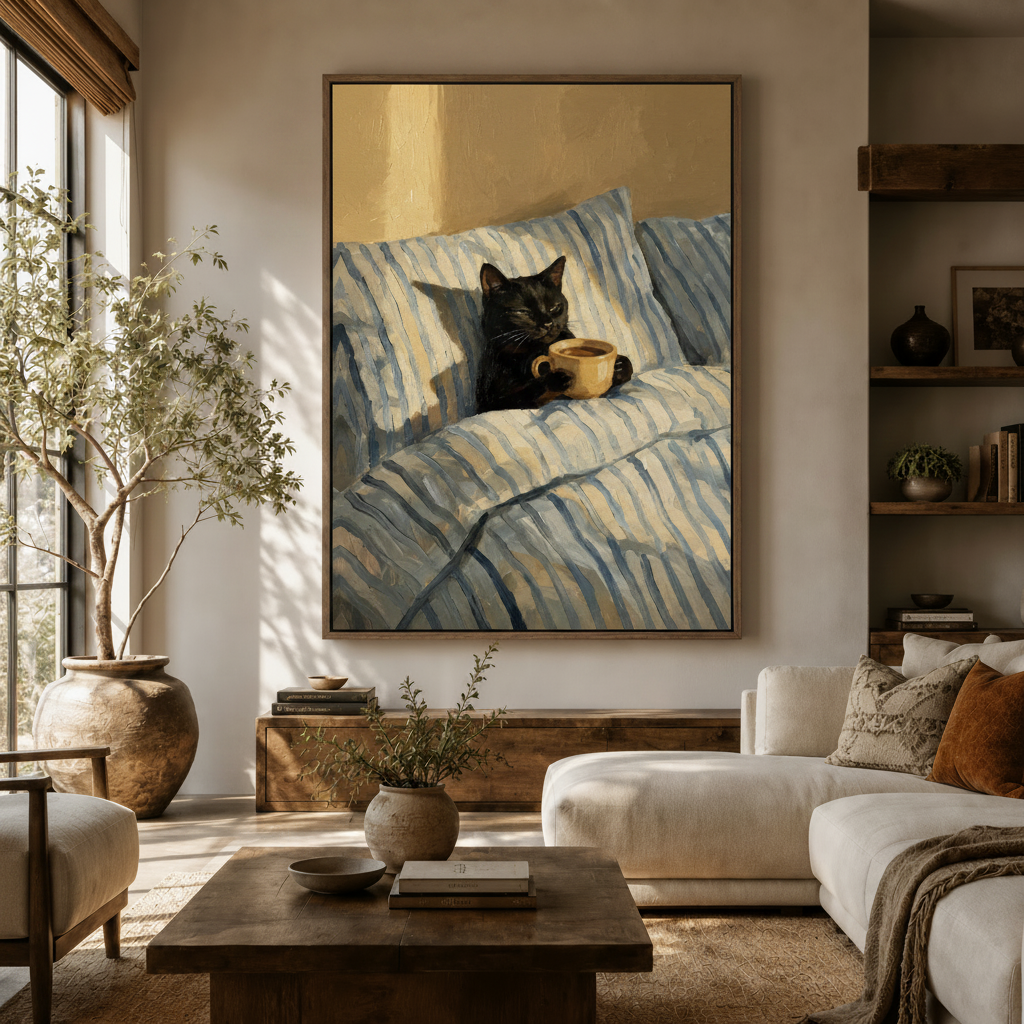 Black cat and coffee cup impressionist oil painting in walnut float frame hung in warm neutral living room with dried branch decor