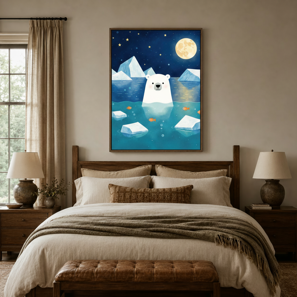 Polar bear moon night kids canvas wall art in dark frame displayed above bed in cozy bedroom
