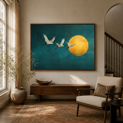 Japanese crane moon canvas in dark walnut frame above console in warm boho living room