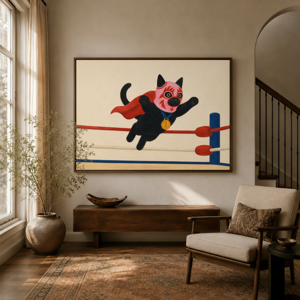 Funny lucha cat wrestling canvas wall art displayed above console in warm neutral entryway