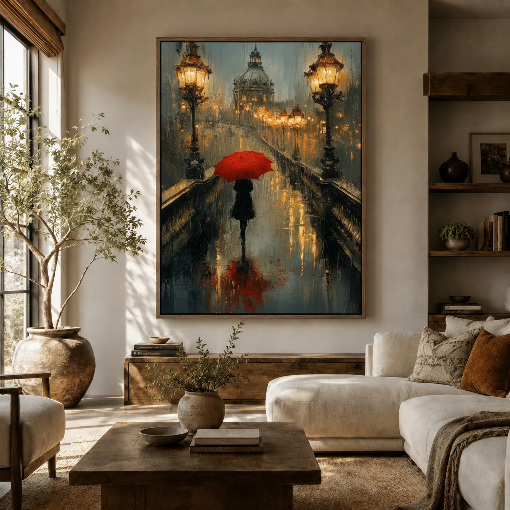 Romantic Paris rainy night oil painting displayed in warm neutral living room above sofa