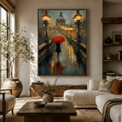 Romantic Paris rainy night oil painting displayed in warm neutral living room above sofa