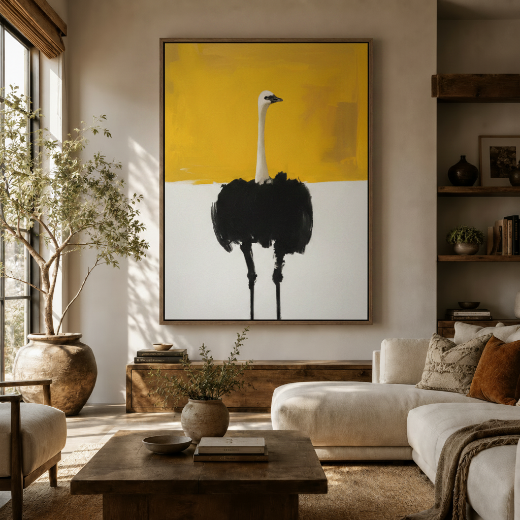Minimalist ostrich oil painting canvas print displayed above white sofa in neutral living room