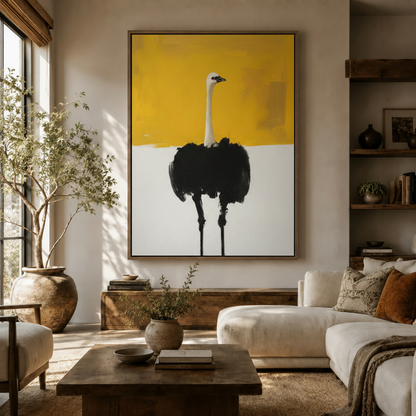 Minimalist ostrich oil painting canvas print displayed above white sofa in neutral living room