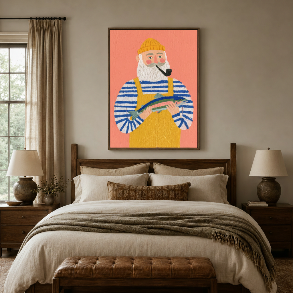 Old fisherman folk art canvas wall art displayed above bed in warm neutral bedroom