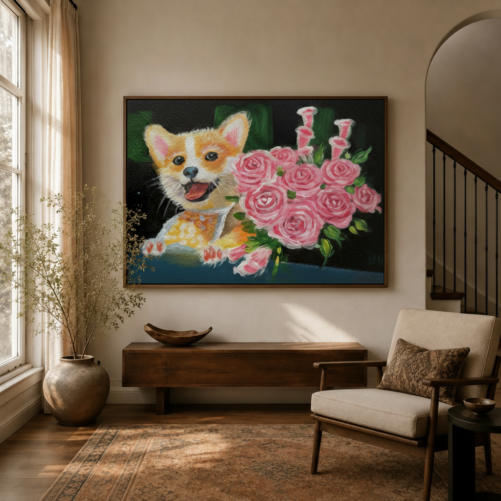 Corgi and roses folk art canvas in dark walnut float frame styled in warm entryway living space