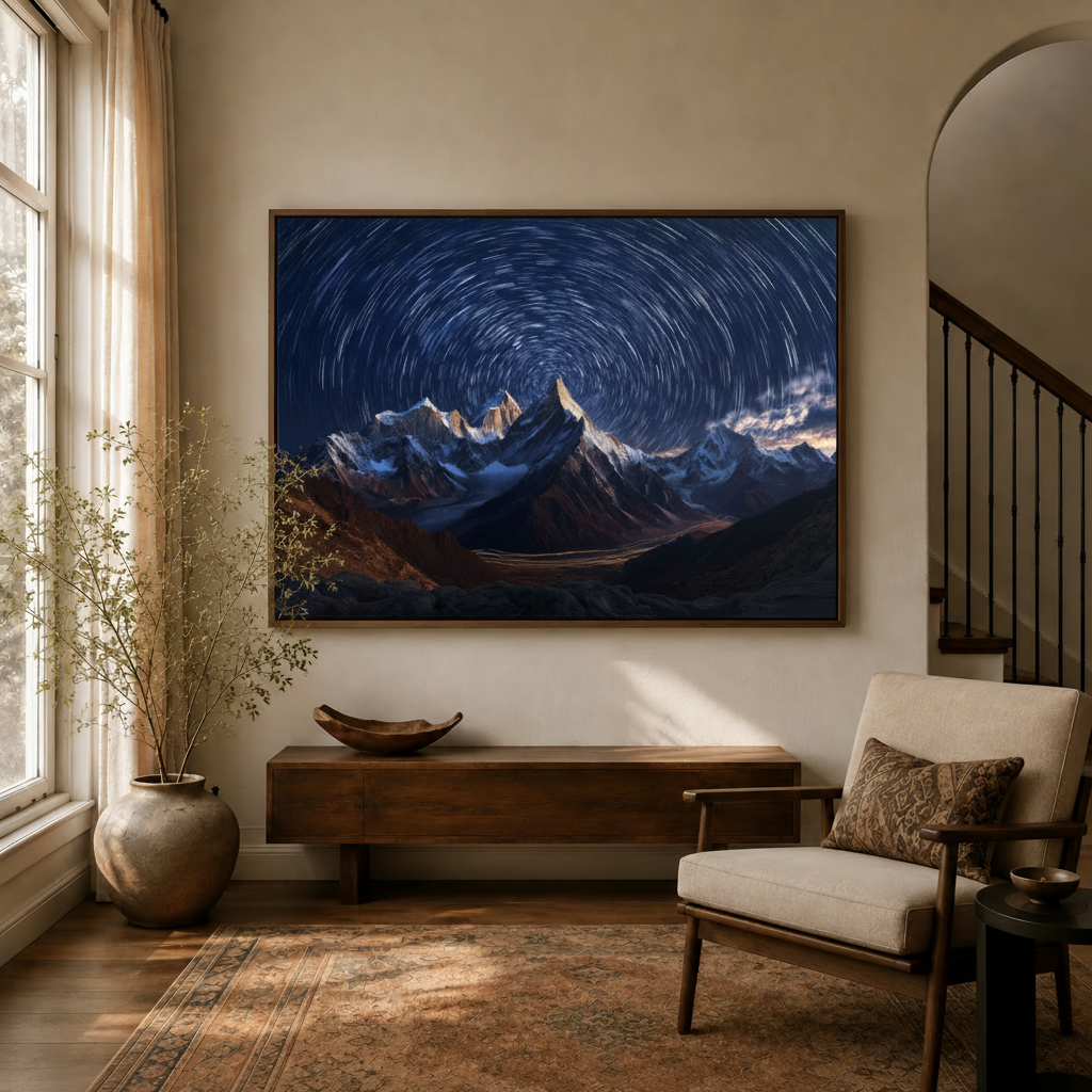 Star trail mountain canvas wall art in dark walnut floater frame displayed above entryway console table