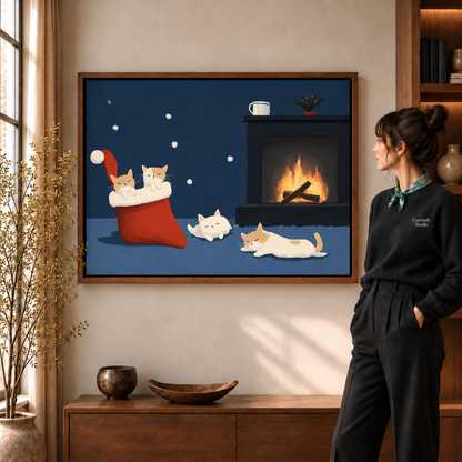 Christmas cats canvas wall art in a walnut frame beside a woman wearing a scarf.
