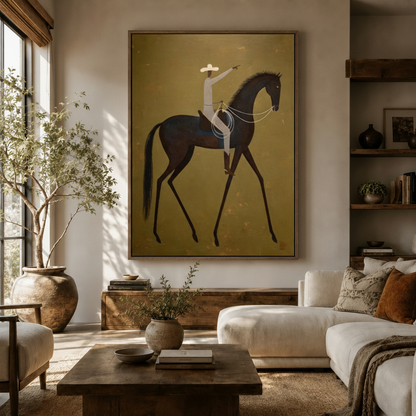 Cowboy on horseback folk art canvas wall art displayed in a warm neutral living room with olive tree