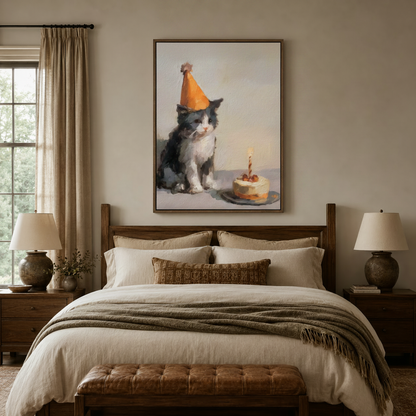 Impasto birthday cat canvas wall art displayed in a warm bedroom above a dark walnut bed frame