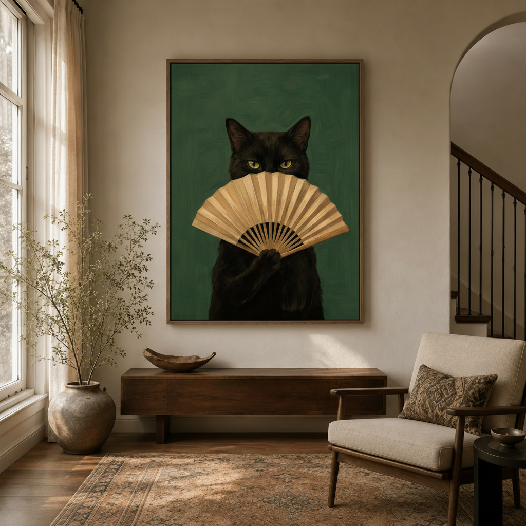 Mysterious black cat holding golden fan canvas wall art in dark walnut frame in warm neutral entryway