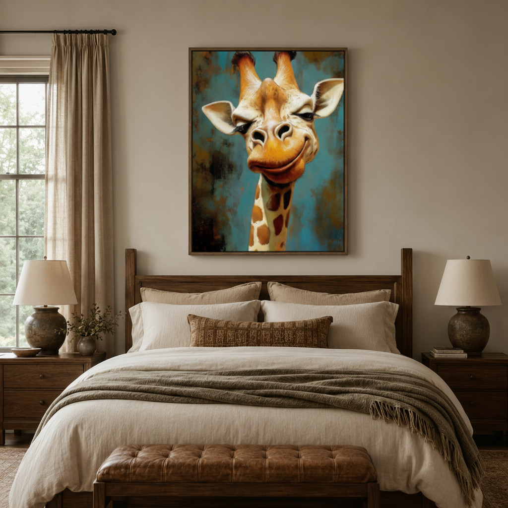 Funny giraffe canvas wall art with smiling portrait displayed above walnut bed headboard in cozy bedroom