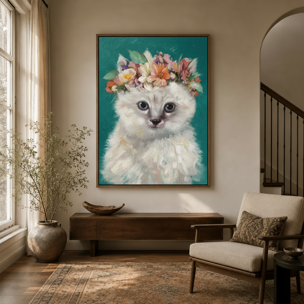 Fluffy white kitten with flower crown oil painting in warm-brown float frame hung in a cozy entryway above console