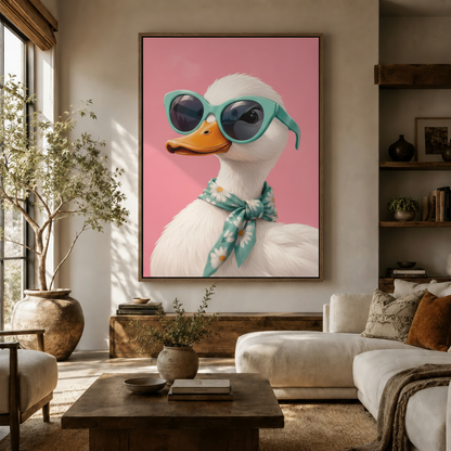Chic duck with teal sunglasses canvas print above cream sofa in a warm modern living room