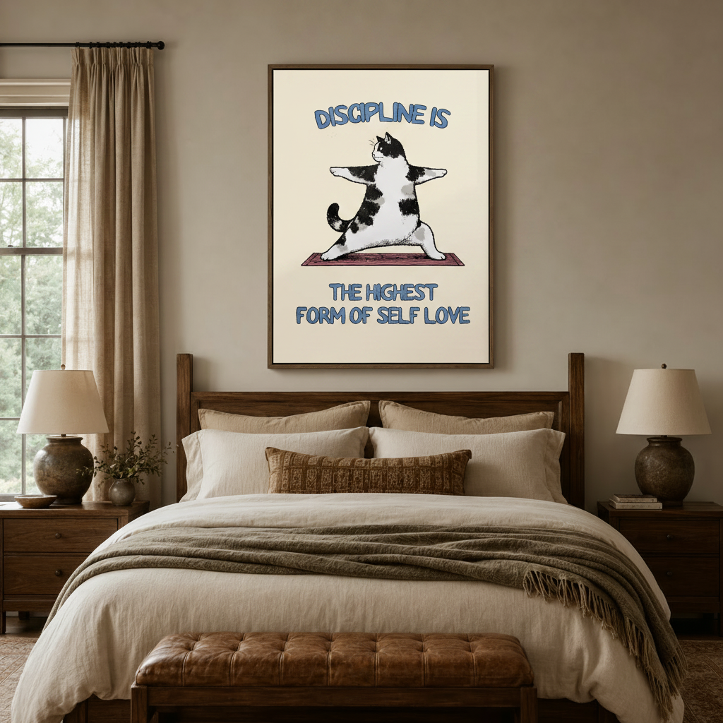 主图1 卧室场景图1｜卧室：Cat yoga warrior pose discipline self love retro canvas in walnut float frame above cozy neutral bedroom