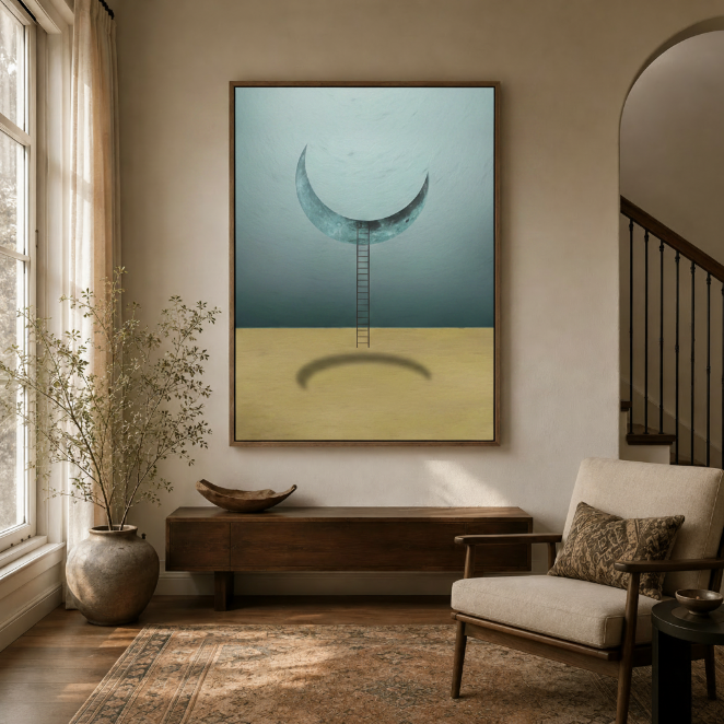 Surrealist crescent moon canvas art displayed in warm modern foyer above walnut console