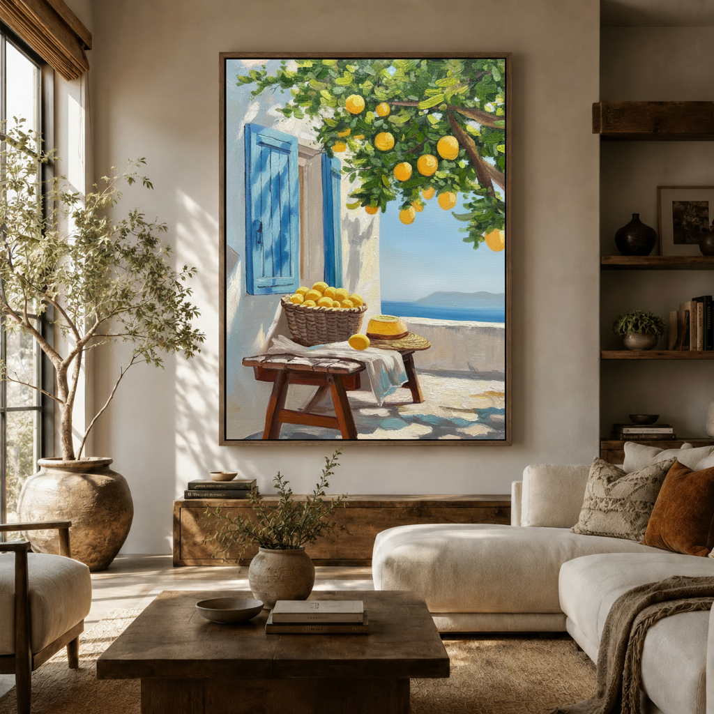 Mediterranean lemon tree oil painting canvas print displayed above console in warm living room