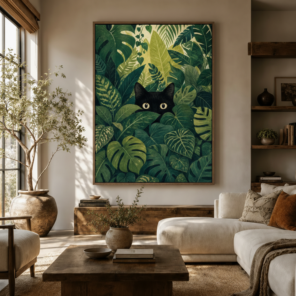 Black cat tropical jungle canvas print displayed above wooden sideboard in modern living room