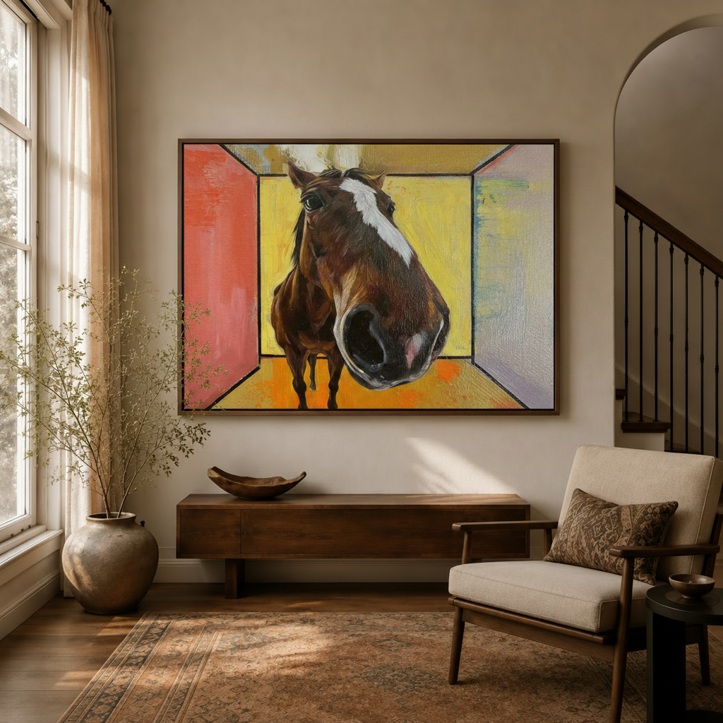 Bold horse portrait pop art canvas print hanging in warm entryway with walnut console and dried branches