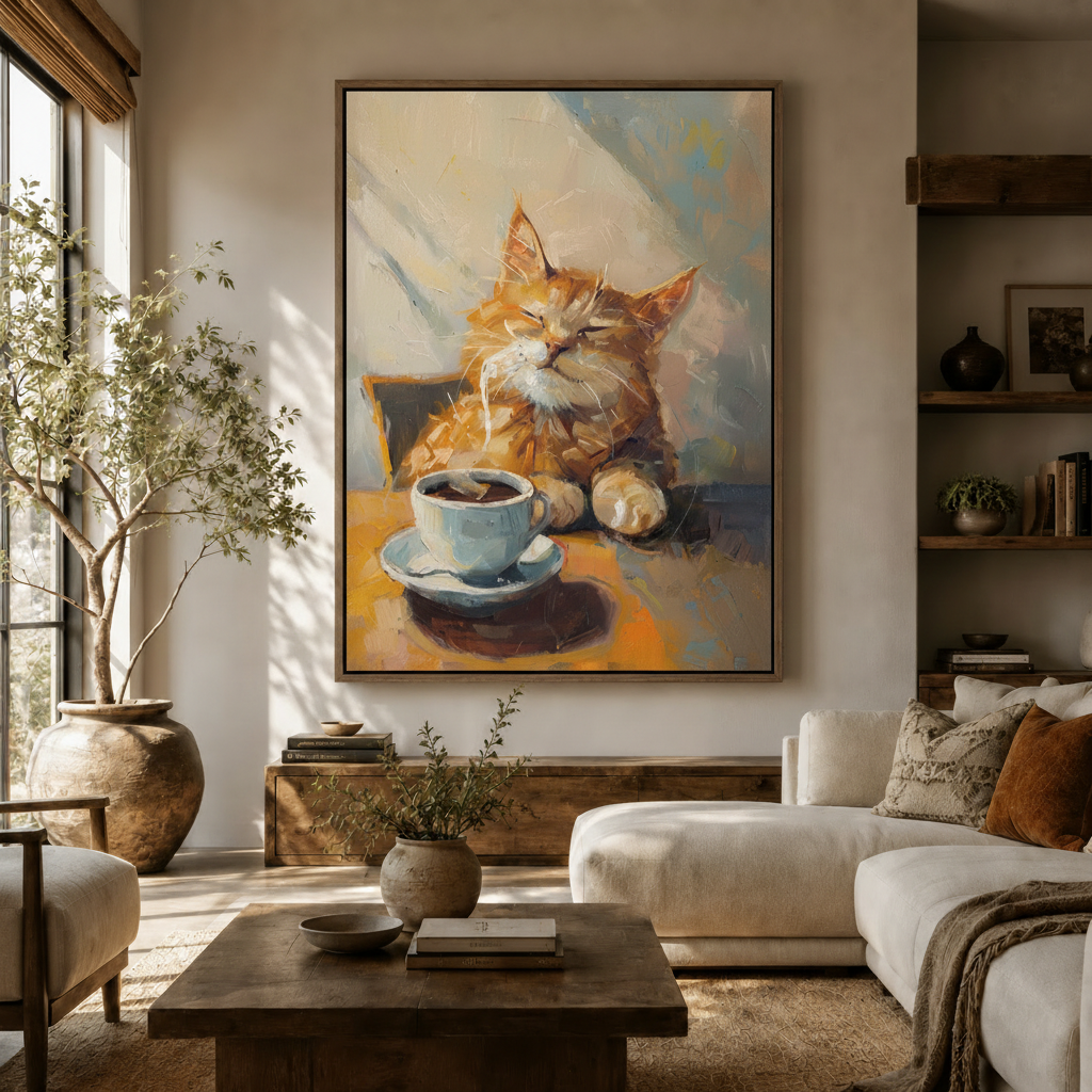 Cozy orange cat coffee impressionist canvas wall art displayed in modern living room above sideboard