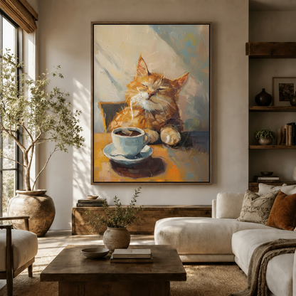 Cozy orange cat coffee impressionist canvas wall art displayed in modern living room above sideboard
