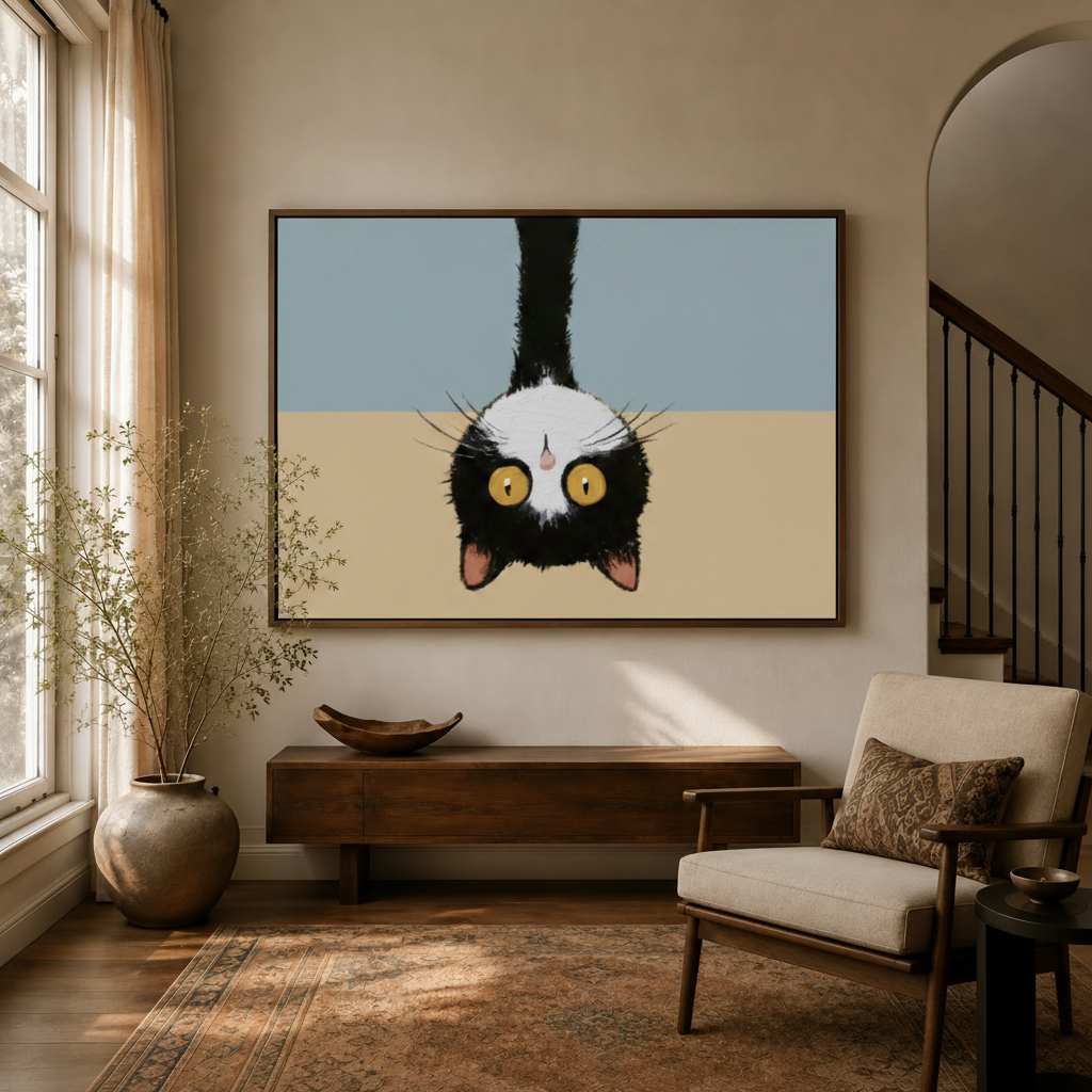 Whimsical upside-down tuxedo cat canvas wall art displayed in a bright modern entryway