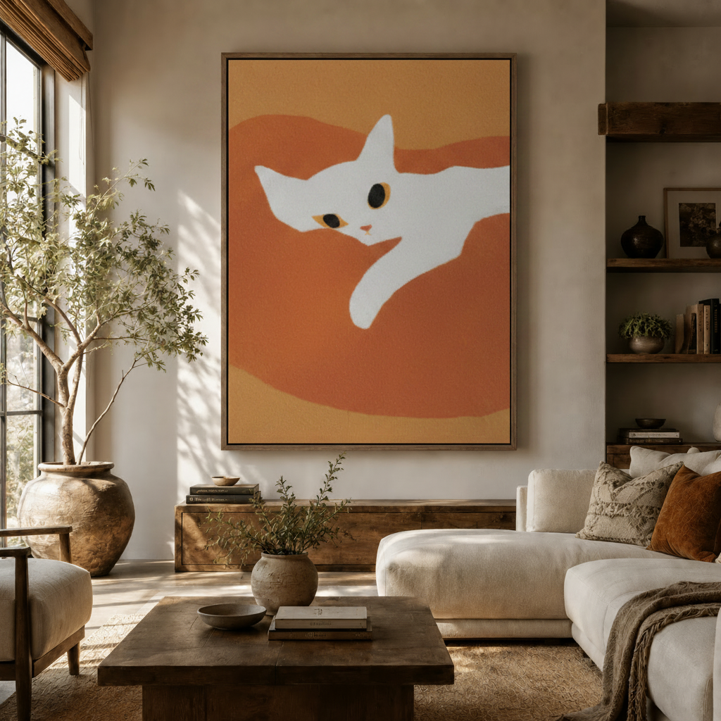 White cat minimalist flat illustration canvas art in dark walnut frame above console in warm living room