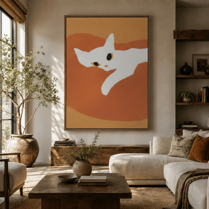 White cat minimalist flat illustration canvas art in dark walnut frame above console in warm living room