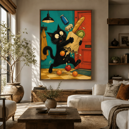 Funny black cat whimsical canvas print displayed in modern living room above walnut sideboard