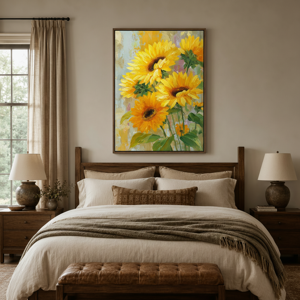 Impressionist sunflower bouquet canvas hung above walnut bed in warm neutral bedroom