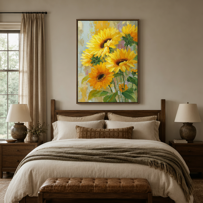 Impressionist sunflower bouquet canvas hung above walnut bed in warm neutral bedroom