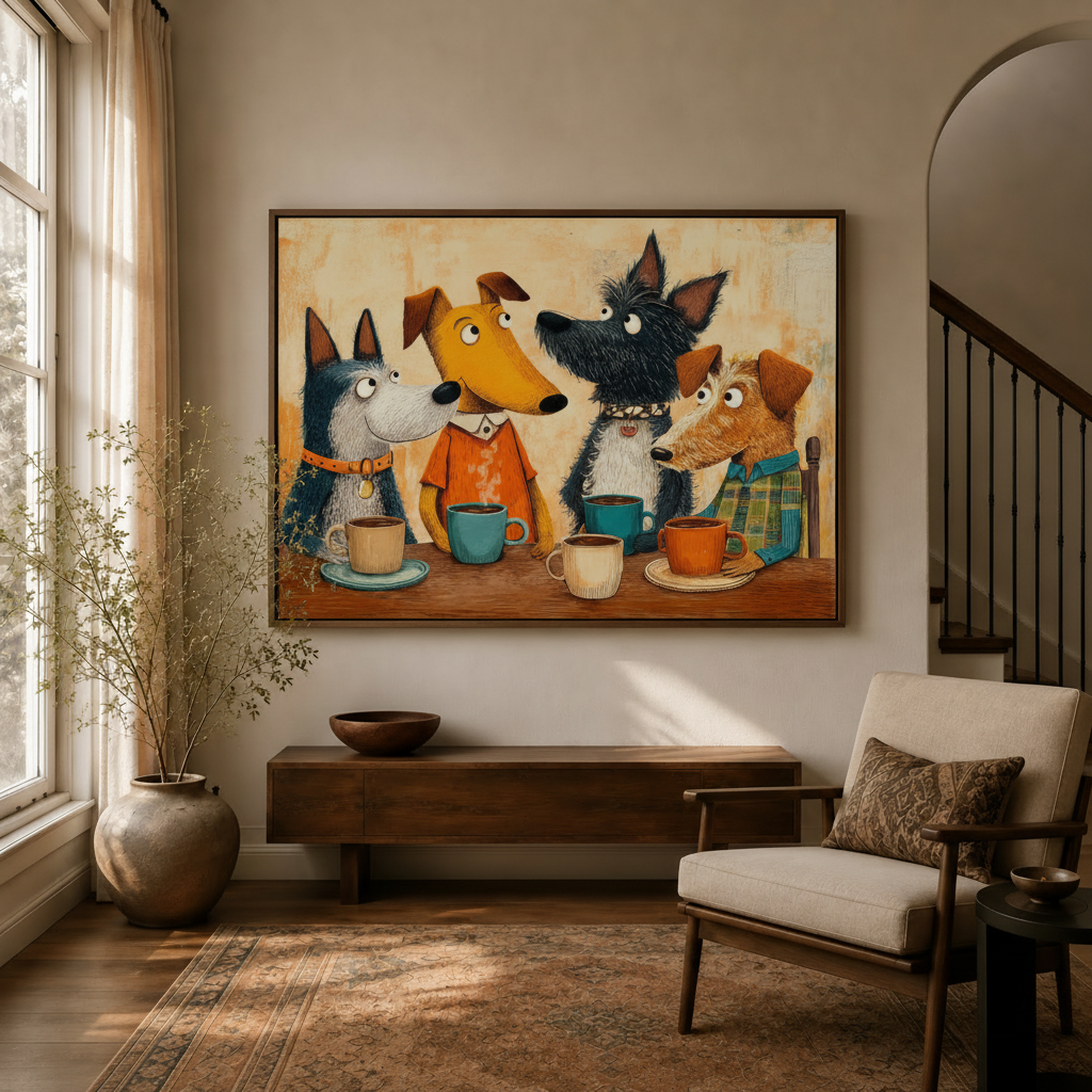 Whimsical dog coffee pop art canvas in dark float frame above entryway console table