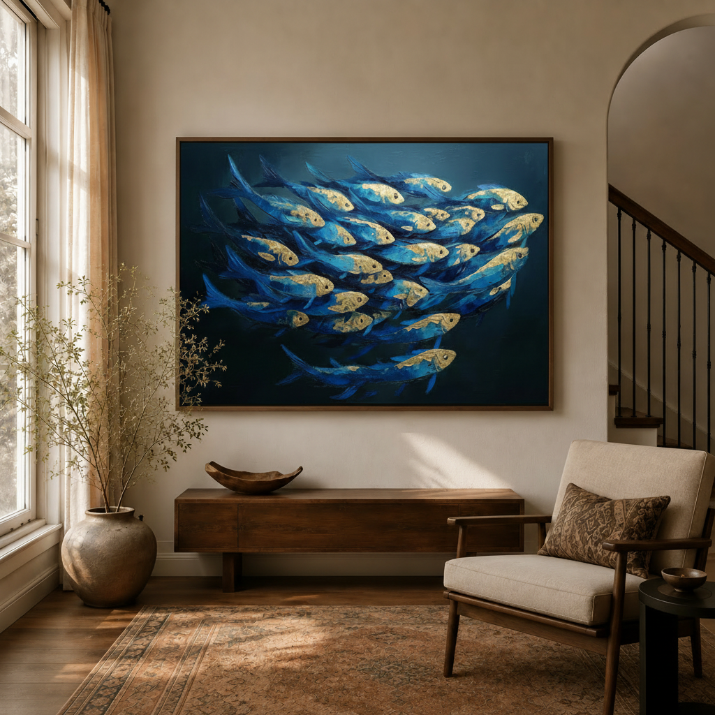 Blue and gold fish school impasto canvas print in dark walnut float frame above entryway console