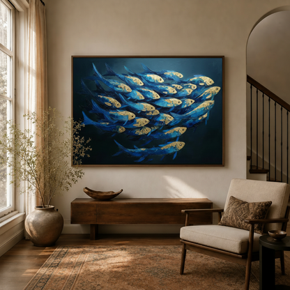 Blue and gold fish school impasto canvas print in dark walnut float frame above entryway console