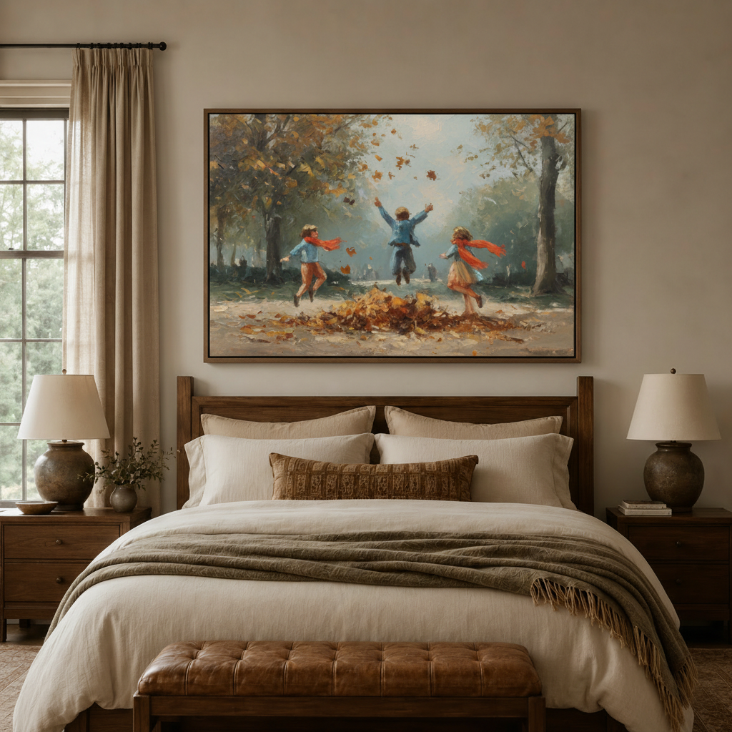 Children jumping autumn leaves impressionist canvas in dark walnut float frame above cozy neutral bedroom headboard