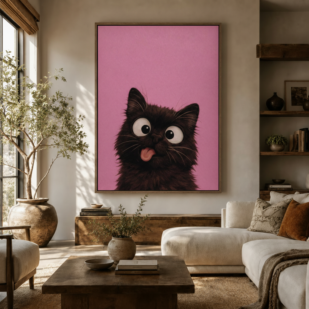 Funny black cat blep canvas wall art displayed above a console in a warm neutral living room