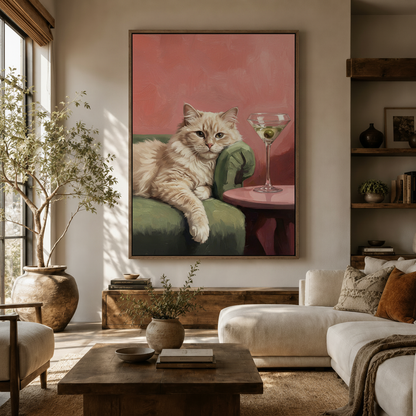 Martini cat retro funny wall art in walnut float frame displayed above wooden sideboard in warm living room