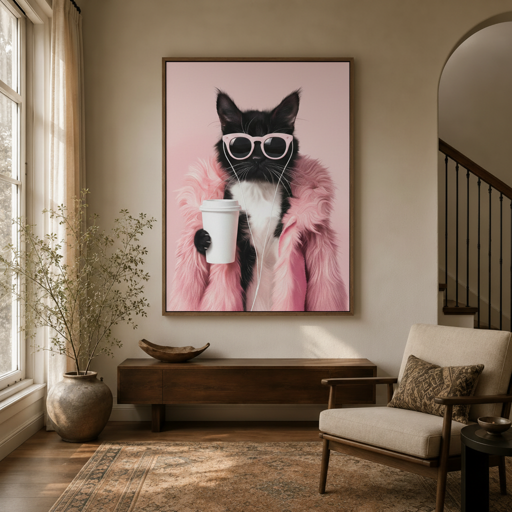 Fashionable cat in pink sunglasses canvas art in walnut float frame hanging in warm neutral entryway